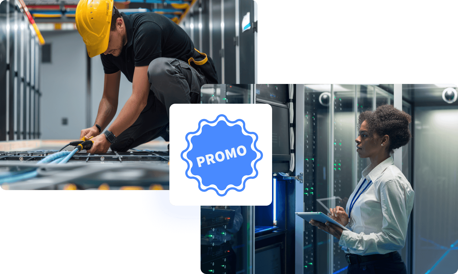 Blue collar man working and woman inspecing server