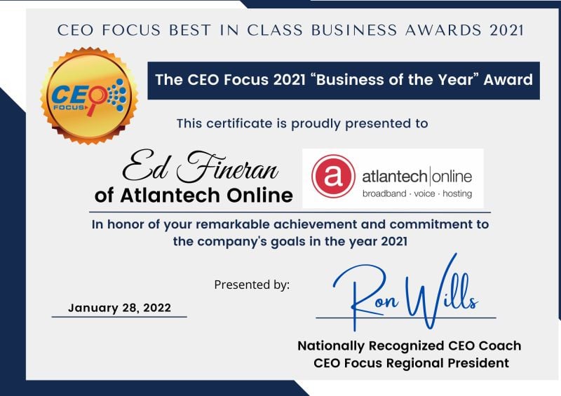 CEO Focus Names Atlantech Online as 2021 Business of the Year